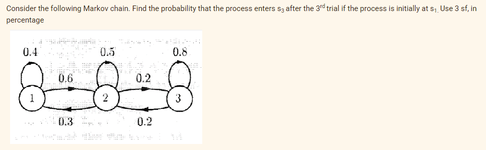 Consider the following Markov chain. Find the probability that the process enters s3 after the 3rd trial if the process is initially at s1. Use 3 sf, in
percentage
0.4
0.5
0.8
0.6
0.2
3
0.3
0.2
