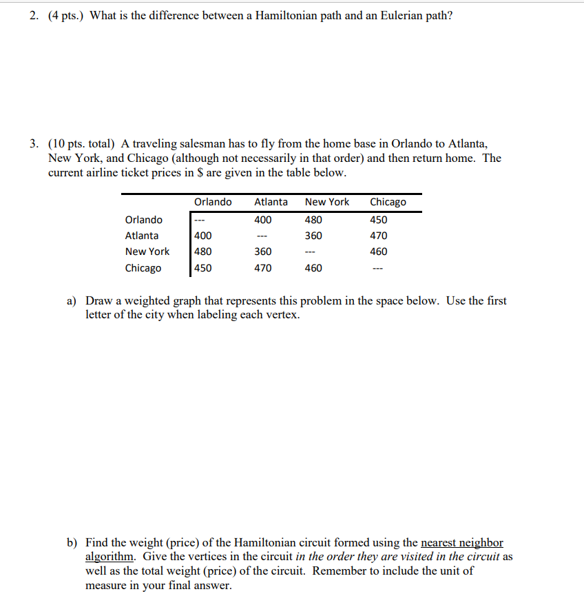 2. (4 pts.) What is the difference between a Hamiltonian path and an Eulerian path?
3. (10 pts. total) A traveling salesman has to fly from the home base in Orlando to Atlanta,
New York, and Chicago (although not necessarily in that order) and then return home. The
current airline ticket prices in $ are given in the table below.
Orlando
Atlanta
New York
Chicago
Orlando
400
480
450
Atlanta
400
360
470
New York
480
360
460
Chicago
450
470
460
a) Draw a weighted graph that represents this problem in the space below. Use the first
letter of the city when labeling each vertex.
b) Find the weight (price) of the Hamiltonian circuit formed using the nearest neighbor
algorithm. Give the vertices in the circuit in the order they are visited in the circuit as
well as the total weight (price) of the circuit. Remember to include the unit of
measure in your fin answer.