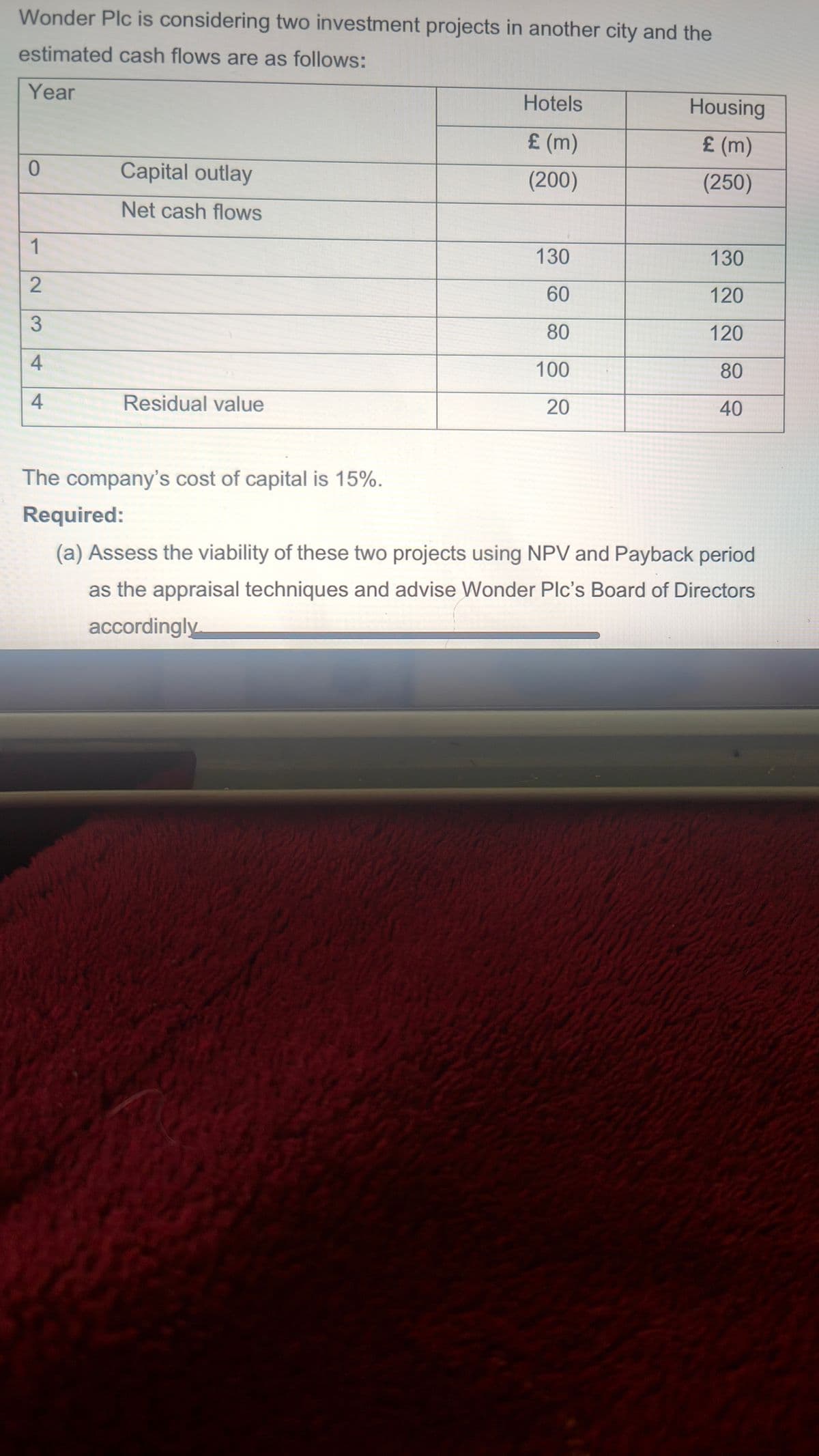 Wonder Plc is considering two investment projects in another city and the
estimated cash flows are as follows:
Year
Hotels
Housing
£ (m)
£ (m)
(200)
(250)
0
Capital outlay
Net cash flows
1
130
130
2
60
120
3
80
120
4
100
80
4
Residual value
20
40
The company's cost of capital is 15%.
Required:
(a) Assess the viability of these two projects using NPV and Payback period
as the appraisal techniques and advise Wonder Plc's Board of Directors
accordingly