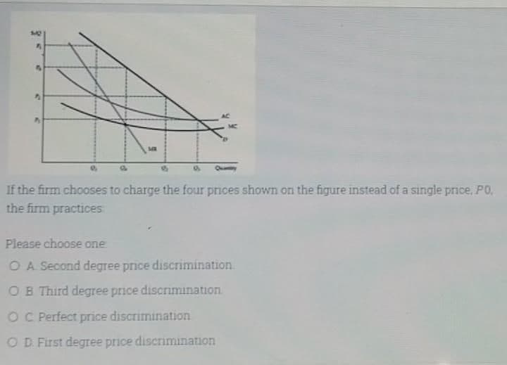 3
If the firm chooses to charge the four prices shown on the figure instead of a single price, PO.
the firm practices:
Please choose one
O A. Second degree price discrimination.
OB Third degree price discrimination.
OC Perfect price discrimination
OD. First degree price discrimination