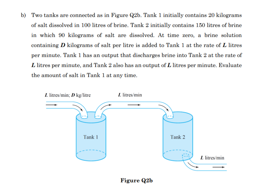 b) Two tanks are connected as in Figure Q2b. Tank 1 initially contains 20 kilograms
of salt dissolved in 100 litres of brine. Tank 2 initially contains 150 litres of brine
in which 90 kilograms of salt are dissolved. At time zero, a brine solution
containing D kilograms of salt per litre is added to Tank 1 at the rate of L litres
per minute. Tank 1 has an output that discharges brine into Tank 2 at the rate of
L litres per minute, and Tank 2 also has an output of L litres per minute. Evaluate
the amount of salt in Tank 1 at any time.
L litres/min; D kg/litre
L litres/min
Tank 1
Tank 2
L litres/min
Figure Q2b
