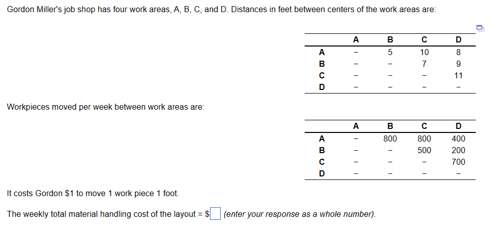 Gordon Miller's job shop has four work areas, A, B, C, and D. Distances in feet between centers of the work areas are:
Workpieces moved per week between work areas are:
It costs Gordon $1 to move 1 work piece 1 foot.
The weekly total material handling cost of the layout = $
ABCD
A
B
C
D
A
A
(enter your response as a whole number).
B
5
B
800
C
10
7
с
800
500
D
8
9
11
D
400
200
700