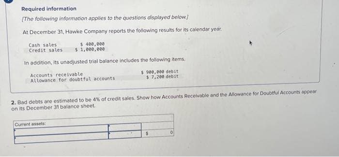 Required information.
[The following information applies to the questions displayed below.]
At December 31, Hawke Company reports the following results for its calendar year.
Cash sales.
Credit sales
$ 400,000
$1,000,000
In addition, its unadjusted trial balance includes the following items.
Accounts receivable.
$ 900,000 debit
Allowance for doubtful accounts
$ 7,200 debit
2. Bad debts are estimated to be 4% of credit sales. Show how Accounts Receivable and the Allowance for Doubtful Accounts appear
on its December 31 balance sheet.
Current assets:
$
0