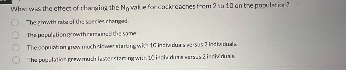 What was the effect of changing the No value for cockroaches from 2 to 10 on the population?
The growth rate of the species changed.
The population growth remained the same.
The population grew much slower starting with 10 individuals versus 2 individuals.
The population grew much faster starting with 10 individuals versus 2 individuals.