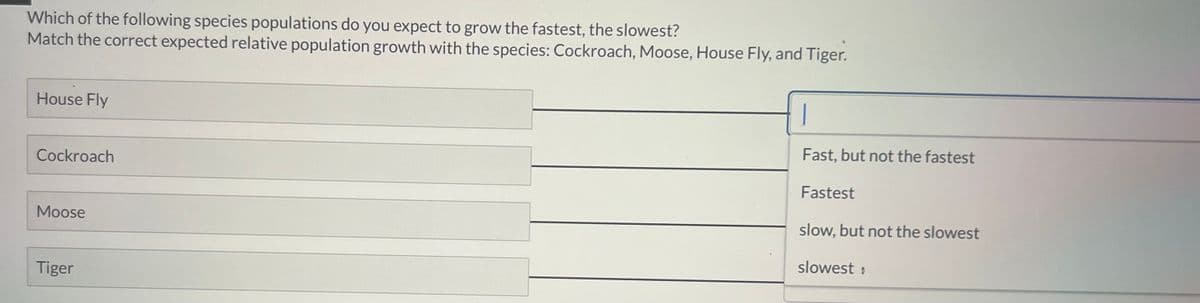 Which of the following species populations do you expect to grow the fastest, the slowest?
Match the correct expected relative population growth with the species: Cockroach, Moose, House Fly, and Tiger.
House Fly
Cockroach
Moose
Tiger
1
Fast, but not the fastest
Fastest
slow, but not the slowest
slowest