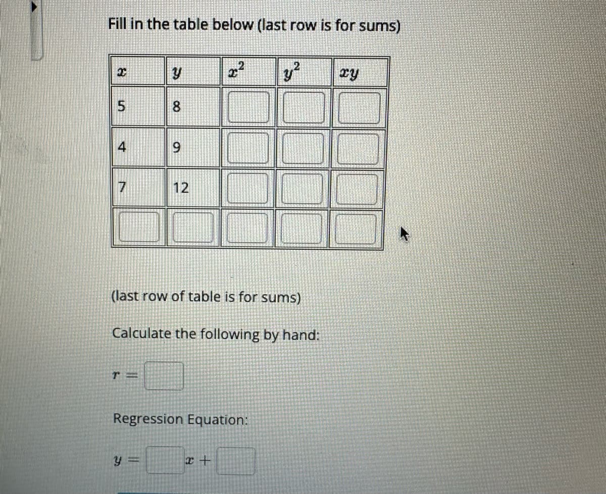 Fill in the table below (last row is for sums)
I
4
7
00
8
T
9
12
(last row of table is for sums)
Calculate the following by hand:
2
Regression Equation:
I+
xy