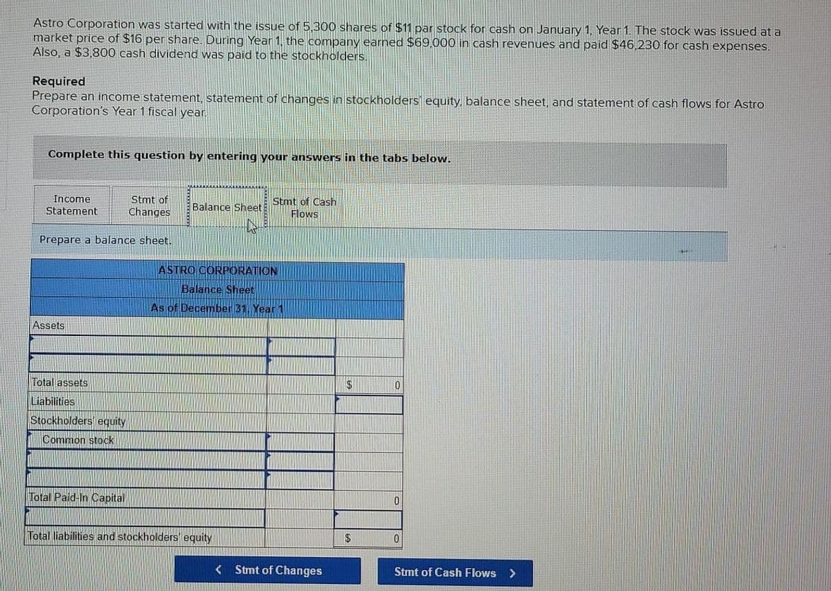 Astro Corporation was started with the issue of 5,300 shares of $11 par stock for cash on January 1, Year 1. The stock was issued at a
market price of $16 per share. During Year 1, the company earned $69.000 in cash revenues and paid $46,230 for cash expenses.
Also, a $3,800 cash dividend was paid to the stockholders.
Required
Prepare an income statement, statement of changes in stockholders equity, balance sheet, and statement of cash flows for Astro
Corporation's Year 1 fiscal year
Complete this question by entering your answers in the tabs below.
Income
Stmt of
Changes
Stmt of Cash
Flows
Statement
Balance Sheet
Prepare a balance sheet.
ASTRO CORPORATION
Balance Sheet
As of December 31. Year 1
Assets
Total assets
Liabilities
Stockholders equity
Common stock
Total Paid-In Capital
Total liabilities and stockholders' equity
$
Stmt of Changes
Stmt of Cash Flows
<>
