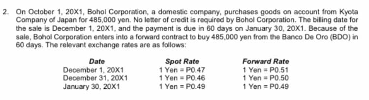 2. On October 1, 20X1, Bohol Corporation, a domestic company, purchases goods on account from Kyota
Company of Japan for 485,000 yen. No letter of credit is required by Bohol Corporation. The billing date for
the sale is December 1, 20X1, and the payment is due in 60 days on January 30, 20X1. Because of the
sale, Bohol Corporation enters into a forward contract to buy 485,000 yen from the Banco De Oro (BDO) in
60 days. The relevant exchange rates are as follows:
Date
December 1, 20X1
December 31, 20x1
January 30, 20X1
Spot Rate
1 Yen = P0.47
1 Yen = P0.46
1 Yen = P0.49
Forward Rate
1 Yen = P0.51
1 Yen = P0.50
1 Yen = P0.49
