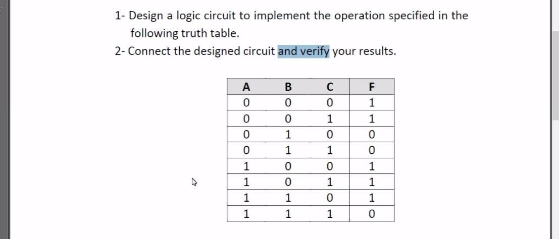 1- Design a logic circuit to implement the operation specified in the
following truth table.
2- Connect the designed circuit and verify your results.
F
1
1
1
1
1
1
1
1
1
1
1
1
1
1
1
1
lol.
A oo O0
