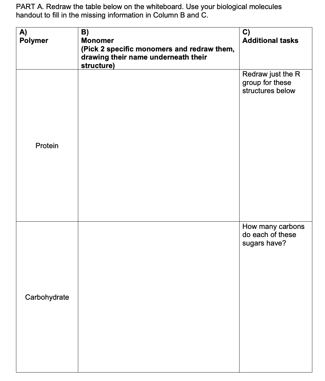 PART A. Redraw the table below on the whiteboard. Use your biological molecules
handout to fill in the missing information in Column B and C.
A)
Polymer
Protein
Carbohydrate
B)
Monomer
(Pick 2 specific monomers and redraw them,
drawing their name underneath their
structure)
C)
Additional tasks
Redraw just the R
group for these
structures below
How many carbons
do each of these
sugars have?