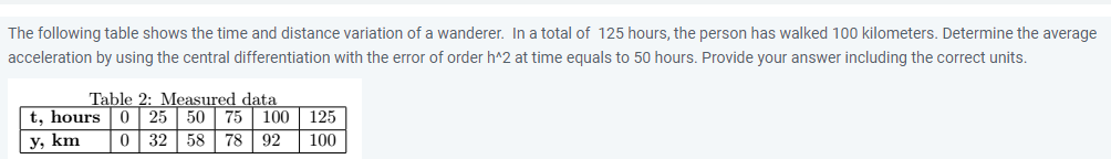 The following table shows the time and distance variation of a wanderer. In a total of 125 hours, the person has walked 100 kilometers. Determine the average
acceleration by using the central differentiation with the error of order h^2 at time equals to 50 hours. Provide your answer including the correct units.
Table 2: Measured data
t, hours 0 25 50 75
100
125
У, km
0| 32 | 58
78 92
100
