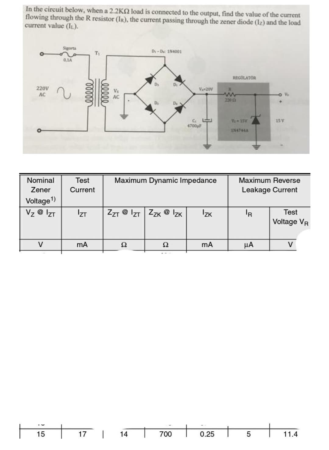 In the circuit below, when a 2.2KN load is connected to the output, find the value of the current
flowing through the R resistor (IR), the current passing through the zener diode (Iz) and the load
current value (IL).
Sigorta
T1
Dr-De 1N4001
0,1A
REGOLATOR
D
220V
AC
Va-20V
Vs
AC
Va
2200
De
Vi-13V
15V
4700uF
IN47448
Nominal
Test
Maximum Dynamic Impedance
Maximum Reverse
Zener
Current
Leakage Current
Voltage)
Vz @ IzT
IZT
ZT @ IzT ZZK @ IzK
IZK
IR
Test
Voltage VR
V
mA
Ω
Ω
mA
µA
V
15
17
14
700
0.25
11.4
llle
