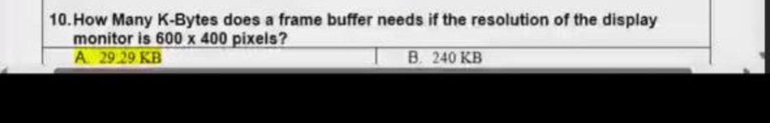 10. How Many K-Bytes does a frame buffer needs if the resolution of the display
monitor is 600 x 400 pixels?
A 29.29 KB
B. 240 KB