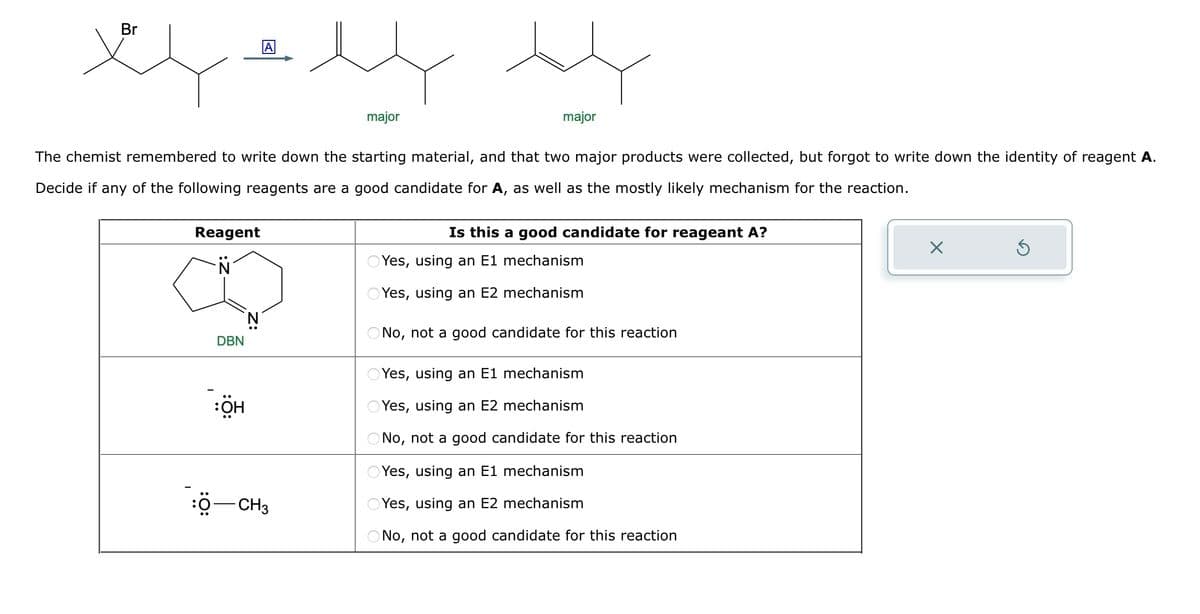 بل بلدهم لا
Br
Reagent
N
The chemist remembered to write down the starting material, and that two major products were collected, but forgot to write down the identity of reagent A.
Decide if any of the following reagents are a good candidate for A, as well as the mostly likely mechanism for the reaction.
:O:
DBN
:ОН
N
major
-CH3
major
Is this a good candidate for reageant A?
Yes, using an E1 mechanism
Yes, using an E2 mechanism
No, not a good candidate for this reaction
Yes, using an E1 mechanism
Yes, using an E2 mechanism
No, not a good candidate for this reaction
Yes, using an E1 mechanism
Yes, using an E2 mechanism
No, not a good candidate for this reaction
Ś