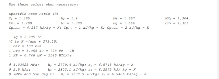 Use these values when necessary:
Specific Heat Ratio (k)
O2 - 1.395
Co2 = 1.288
Cpwater = 4.187 kJ/kg
H2 - 1.4
He = 1.667
NH3 = 1.304
N2 = 1.399
Hg = 1.666
CH: = 1.321
K; Cpair = 1 kJ/kg
- K; Cpatean = 2 kJ/kg - K
1 kg - 2.205 lb
"C to K = (use + 273.15)
1 bar = 100 kPa
1 BTU = 1.055 kJ = 778 ft - lb
1 HP = 0. 746 kW = 2545 BTU/hr
= 6.5748 kJ/kg - K
@ 1.03425 MPa:
@ 2.5 MPa :
@ 7MPA and 550 deg C:
= 2779. 4 kJ/kg; Sg
hg = 2803.1 kJ/kg; Sg = 6.2575 kJ/ kg
h: = 3530.9 kJ/kg; s: = 6.9486 kJ/kg
- K
- K
