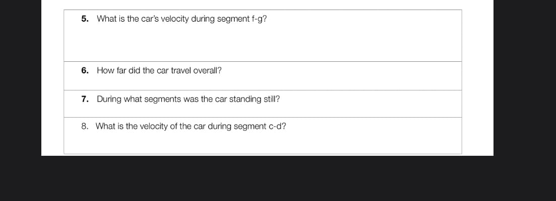 5. What is the car's velocity during segment f-g?
6. How far did the car travel overall?
7. During what segments was the car standing still?
8. What is the velocity of the car during segment c-d?