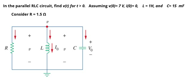 In the parallel RLC circuit, find v(t) for t> 0. Assuming v(0)= 7 V, i(0)= 0, L = 1H, and C= 15 mF
Consider R = 1.5 n
+
