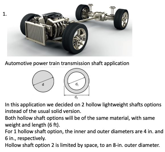 1.
Automotive power train transmission shaft application
In this application we decided on 2 hollow lightweight shafts options
instead of the usual solid version.
Both hollow shaft options will be of the same material, with same
weight and length (6 ft).
For 1 hollow shaft option, the inner and outer diameters are 4 in. and
6 in., respectively.
Hollow shaft option 2 is limited by space, to an 8-in. outer diameter.
