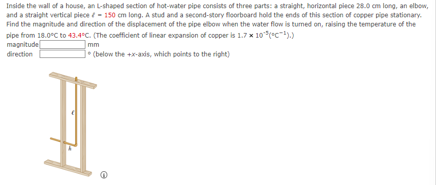 Inside the wall of a house, an L-shaped section of hot-water pipe consists of three parts: a straight, horizontal piece 28.0 cm long, an elbow,
and a straight vertical piece = 150 cm long. A stud and a second-story floorboard hold the ends of this section of copper pipe stationary.
Find the magnitude and direction of the displacement of the pipe elbow when the water flow is turned on, raising the temperature of the
pipe from 18.0°C to 43.4°C. (The coefficient of linear expansion of copper is 1.7 x 10-5(°C-¹).)
magnitude
direction
mm
° (below the +x-axis, which points to the right)