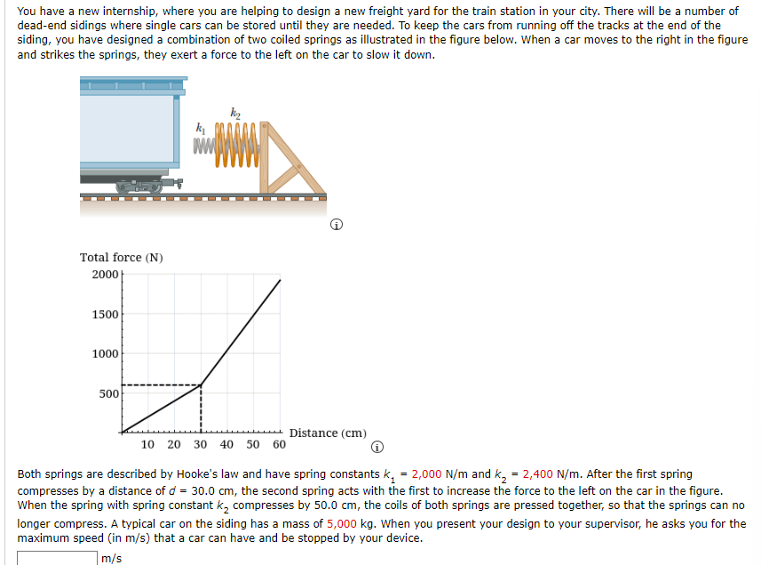 You have a new internship, where you are helping to design a new freight yard for the train station in your city. There will be a number of
dead-end sidings where single cars can be stored until they are needed. To keep the cars from running off the tracks at the end of the
siding, you have designed a combination of two coiled springs as illustrated in the figure below. When a car moves to the right in the figure
and strikes the springs, they exert a force to the left on the car to slow it down.
Total force (N)
2000
1500
1000
500
k₁
Distance (cm)
10 20 30 40 50 60
Both springs are described by Hooke's law and have spring constants k₂ = 2,000 N/m and k₂ = 2,400 N/m. After the first spring
compresses by a distance of d = 30.0 cm, the second spring acts with the first to increase the force to the left on the car in the figure.
When the spring with spring constant k₂ compresses by 50.0 cm, the coils of both springs are pressed together, so that the springs can no
longer compress. A typical car on the siding has a mass of 5,000 kg. When you present your design to your supervisor, he asks you for the
maximum speed (in m/s) that a car can have and be stopped by your device.
m/s