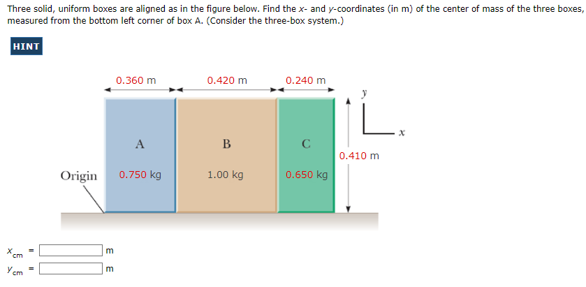 Three solid, uniform boxes are aligned as in the figure below. Find the x- and y-coordinates (in m) of the center of mass of the three boxes,
measured from the bottom left corner of box A. (Consider the three-box system.)
HINT
X
cm
y em
||
=
Origin
E E
m
0.360 m
A
0.750 kg
0.420 m
B
1.00 kg
0.240 m
с
0.650 kg
0.410 m
X