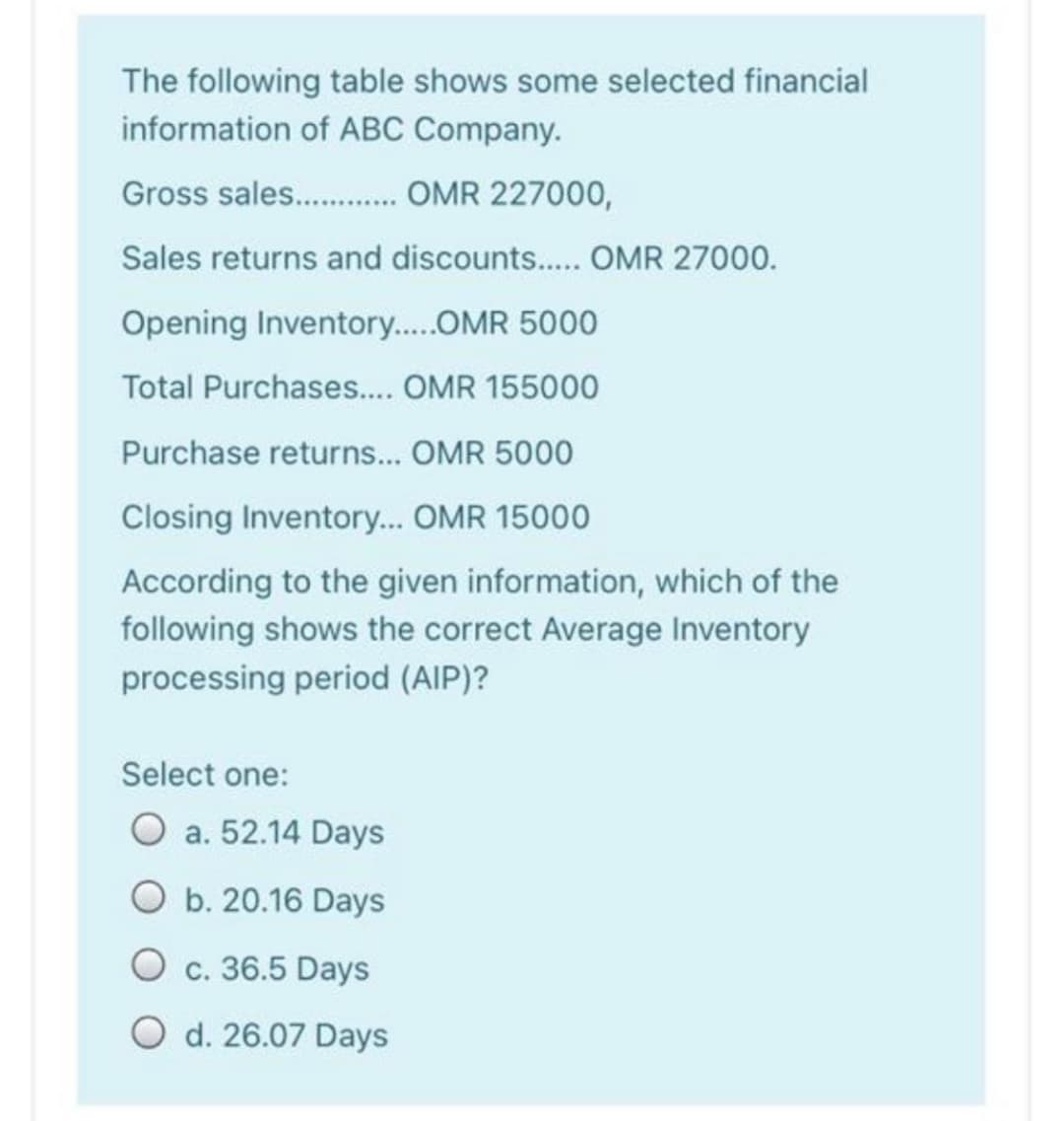 The following table shows some selected financial
information of ABC Company.
Gross sales. . OMR 227000,
Sales returns and discounts.... OMR 27000.
Opening Inventory..OMR 5000
Total Purchases.. OMR 155000
Purchase returns... OMR 5000
Closing Inventory.. OMR 15000
According to the given information, which of the
following shows the correct Average Inventory
processing period (AIP)?
Select one:
O a. 52.14 Days
O b. 20.16 Days
O c. 36.5 Days
O d. 26.07 Days
