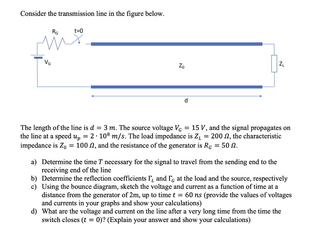Consider the transmission line in the figure below.
RG
t=0
VG
Zo
d
The length of the line is d = 3 m. The source voltage VG = 15 V, and the signal propagates on
the line at a speed u, = 2 · 108 m/s. The load impedance is Z, = 200 N, the characteristic
impedance is Zo
= 100 N, and the resistance of the generator is RG = 50 N.
a) Determine the time T necessary for the signal to travel from the sending end to the
receiving end of the line
b) Determine the reflection coefficients I, and Tç at the load and the source, respectively
c) Using the bounce diagram, sketch the voltage and current as a function of time at a
distance from the generator of 2m, up to time t = 60 ns (provide the values of voltages
and currents in your graphs and show your calculations)
d) What are the voltage and current on the line after a very long time from the time the
switch closes (t = 0)? (Explain your answer and show your calculations)
