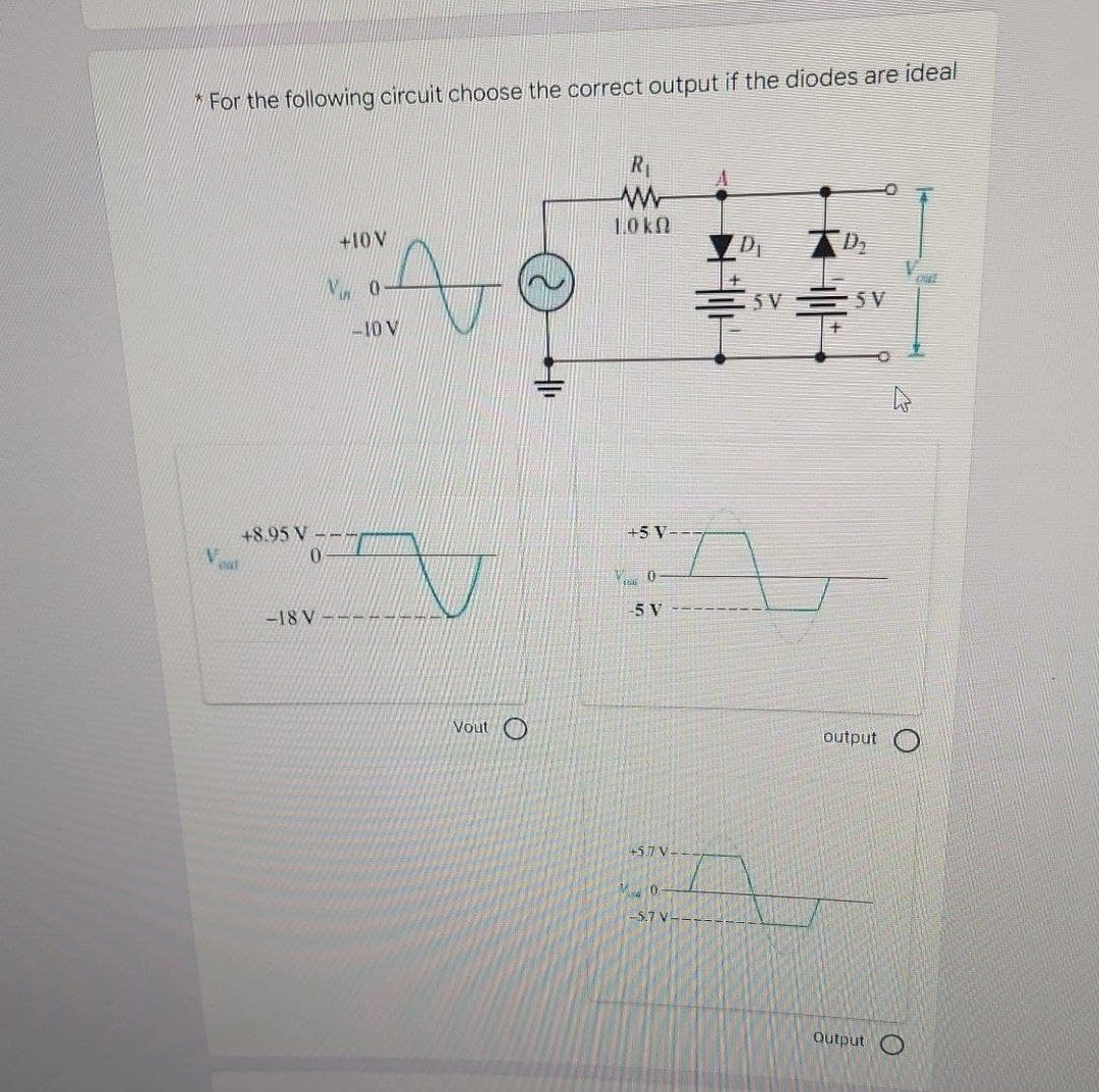 For the following circuit choose the correct output if the diodes are ideal
1.0k
+10V
5V 5 V
-10 V
+8.95 V
0.
+5 V-
at
V 0
5 V
-18 V
Vout
output
+5.7 V--
-5.7 V--
Output O
