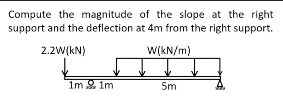 Compute the magnitude of the slope at the right
support and the deflection at 4m from the right support.
2.2W(kN)
W(kN/m)
1m 1m
5m
