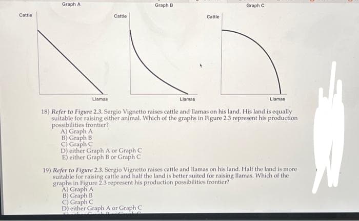 Cattle
Graph A
Cattle
A) Graph A
B) Graph B
C) Graph C
D) either Graph A or Graph C
E) either Graph B or Graph C
Graph B
Llamas
18) Refer to Figure 2.3. Sergio Vignetto raises cattle and llamas on his land. His land is equally
suitable for raising either animal. Which of the graphs in Figure 2.3 represent his production
possibilities frontier?
A) Graph A
B) Graph B
C) Graph C
D) either Graph A or Graph C
313
Cattle
Llamas
Graph C
Llamas
19) Refer to Figure 2.3. Sergio Vignetto raises cattle and llamas on his land. Half the land is more
suitable for raising cattle and half the land is better suited for raising llamas, Which of the
graphs in Figure 2.3 represent his production possibilities frontier?
R