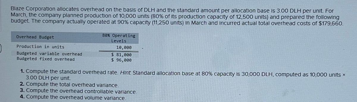 Blaze Corporation allocates overhead on the basis of DLH and the standard amount per allocation base is 3.00 DLH per unit. For
March, the company planned production of 10,000 units (80% of its production capacity of 12,500 units) and prepared the following
budget. The company actually operated at 90% capacity (11,250 units) in March and incurred actual total overhead costs of $179,660.
Overhead Budget
Production in units
Budgeted variable overhead
Budgeted fixed overhead
80% Operating
Levels
10,000
$ 81,000
$ 96,000
1. Compute the standard overhead rate. Hint Standard allocation base at 80% capacity is 30,000 DLH, computed as 10,000 units x
3.00 DLH per unit.
2. Compute the total overhead variance.
3. Compute the overhead controllable variance.
4. Compute the overhead volume variance.