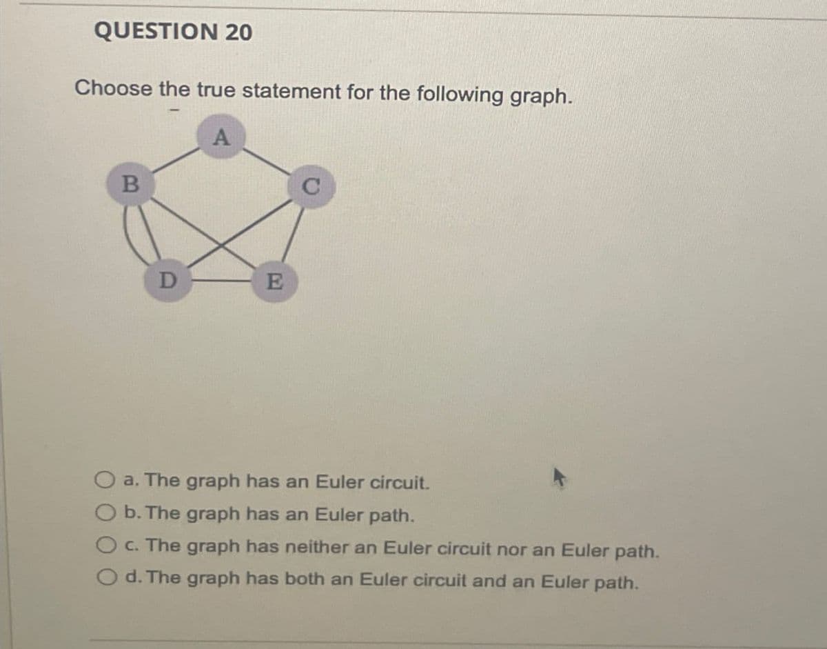 QUESTION 20
Choose the true statement for the following graph.
A
B
D
E
Oa. The graph has an Euler circuit.
Ob. The graph has an Euler path.
Oc. The graph has neither an Euler circuit nor an Euler path.
Od. The graph has both an Euler circuit and an Euler path.
