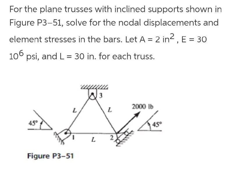 For the plane trusses with inclined supports shown in
Figure P3-51, solve for the nodal displacements and
element stresses in the bars. Let A = 2 in2, E = 30
106 psi, and L = 30 in. for each truss.
mmm.
W3
2000 Ib
45°
45°
1.
L
Figure P3-51
