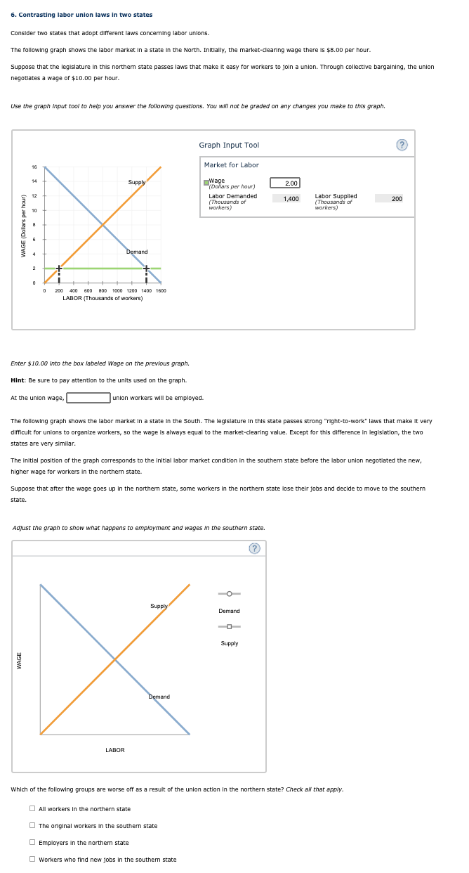 6. Contrasting labor union laws in two states
Consider two states that adopt different laws conceming labor unions.
The following graph shows the labor market in a state in the North. Initlally, the market-dearing wage there is $8.00 per hour.
Suppose that the legislature in this northem state passes laws that make it easy for workers to join a union. Through collective bargalning, the union
negotiates a wage of $10.00 per hour.
Use the graph Input tool to help you answer the following questions. You will not be graded on any changes you make to this graph.
Graph Input Tool
Market for Labor
16
Wage
(Dollars per hour)
14
Supply
2.00
Labor Demanded
(Thousands of
workers)
12
Labor Supplied
(Thousands of
workers)
1,400
200
10
Demand
2
200 400 600 800 1000 1200 1400 1600
LABOR (Thousands of workers)
Enter $10.00 Into the box labeled WVage on the previous graph.
Hint: Be sure to pay attention to the units used on the graph.
At the union wage,
union workers will be employed.
The following graph shows the labor market In a state in the South. The legislature In this state passes strong "right-to-work" laws that make it very
difficult for unions to organize workers, so the wage is always equal to the market-dearing value. Except for this difference in legislation, the two
states are very similar.
The Initlal position of the graph corresponds to the Initial labor market condition in the southern state before the labor unlon negotlated the new,
higher wage for workers in the northern state.
Suppose that after the wage goes up In the northem state, some workers In the northern state lose their jobs and decide to move to the southern
state.
Adjust the graph to show what happens to employment and wages in the southern state.
(?)
Supply
Demand
Supply
Demand
LABOR
Which of the following groups are worse off as a result of the unlon action In the northern state? Check all that apply.
O All workers In the northern state
O The original workers in the southern state
Employers in the northem state
O workers who find new jobs in the southem state
WAGE (Dolars per hour)
