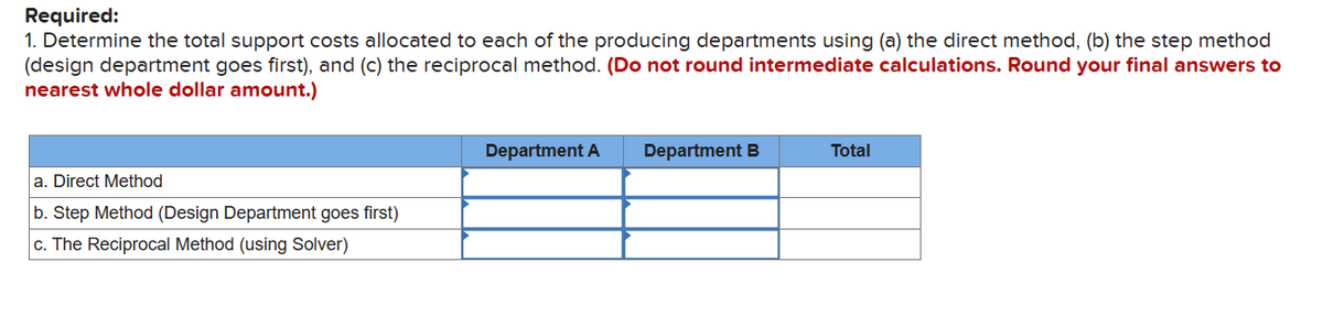Required:
1. Determine the total support costs allocated to each of the producing departments using (a) the direct method, (b) the step method
(design department goes first), and (c) the reciprocal method. (Do not round intermediate calculations. Round your final answers to
nearest whole dollar amount.)
a. Direct Method
b. Step Method (Design Department goes first)
c. The Reciprocal Method (using Solver)
Department A Department B
Total