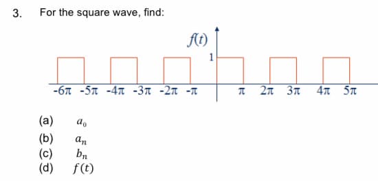 For the square wave, find:
At)
1
-бл -5л -4т -3л -2п -п
2n 3n
4 5T
(а)
ao
(b)
an
bn
f (t)
(d)
3.

