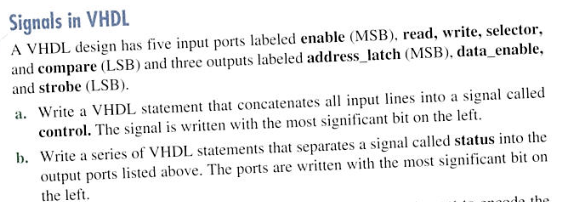 Signals in VHDL
A VHDL design has five input ports labeled enable (MSB), read, write, selector,
and compare (LSB) and three outputs labeled address_latch (MSB), data_enable,
and strobe (LSB).
a. Write a VHDL statement that concatenates all input lines into a signal called
control. The signal is written with the most significant bit on the left.
b. Write a series of VHDL statements that separates a signal called status into the
output ports listed above. The ports are written with the most significant bit on
the left.
da the