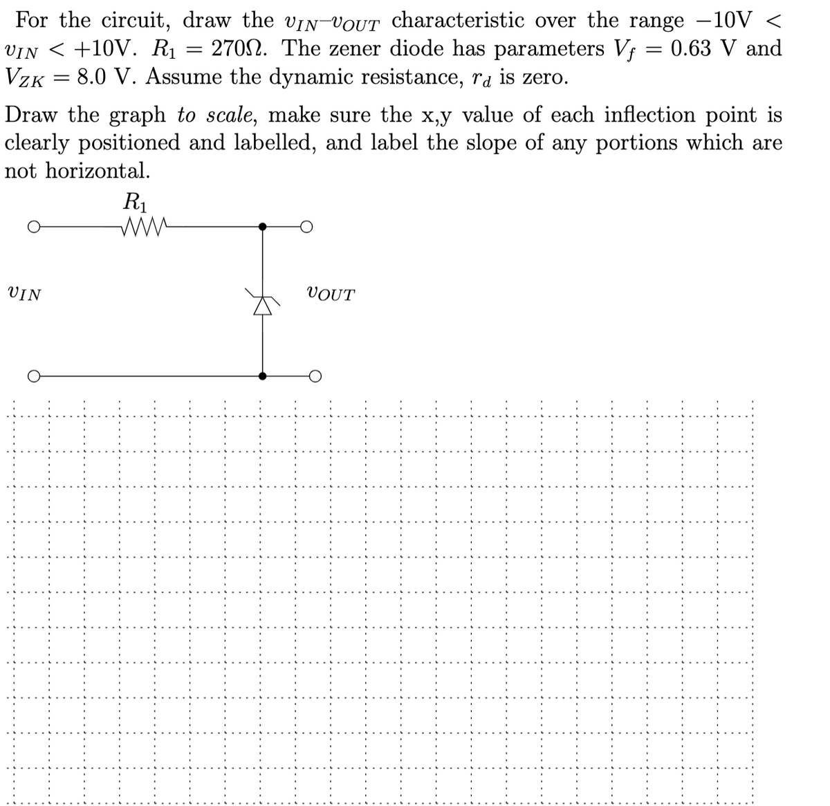 For the circuit, draw the VIN-VOUT characteristic over the range −10V <
VIN < +10V. R₁ 270. The zener diode has parameters Vƒ = 0.63 V and
8.0 V. Assume the dynamic resistance, rd is zero.
VZK
=
Draw the graph to scale, make sure the x,y value of each inflection point is
clearly positioned and labelled, and label the slope of any portions which are
not horizontal.
UIN
=
R₁
www
VOUT