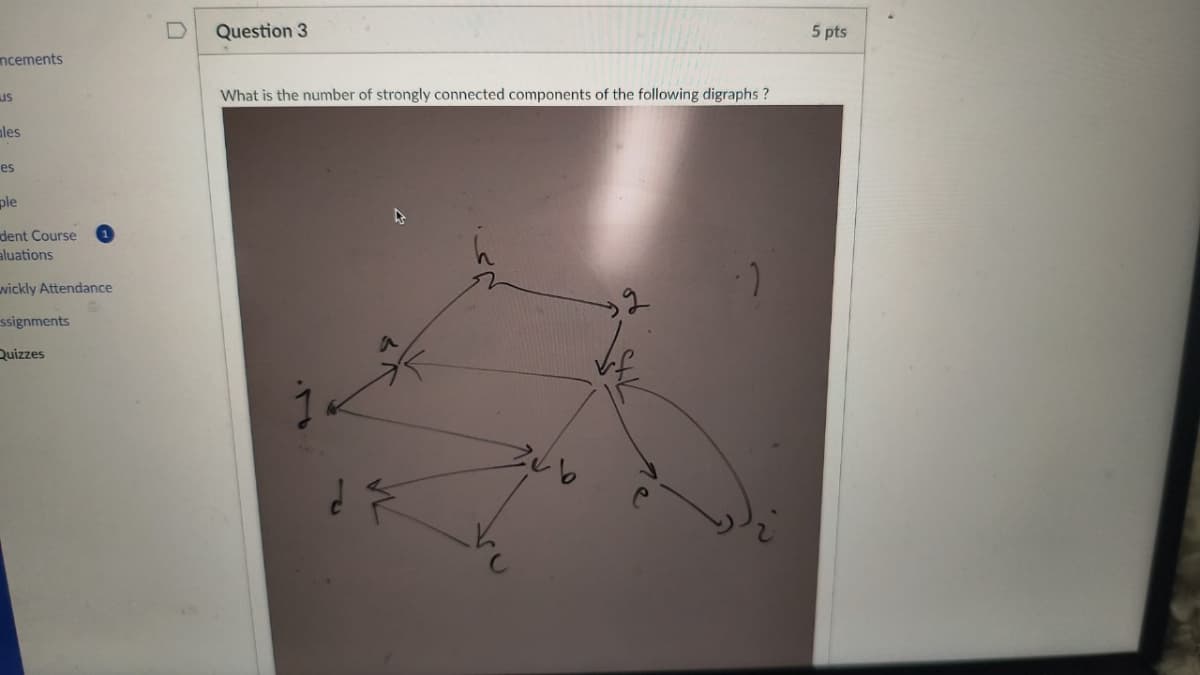 D
Question 3
ncements
us
ales
es
ple
dent Course
aluations
wickly Attendance
ssignments
Quizzes
What is the number of strongly connected components of the following digraphs?
7
2
Zub
e
C
5 pts