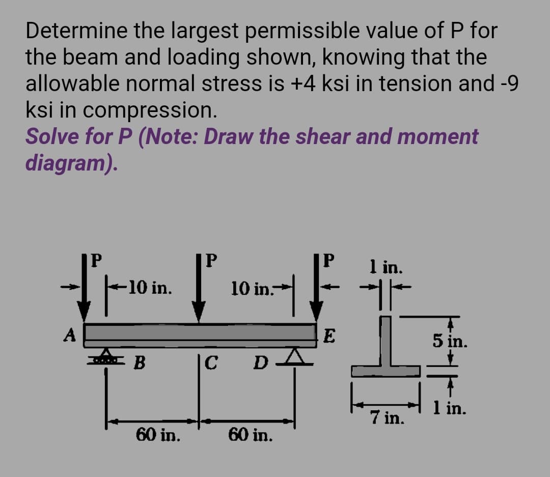 Determine the largest permissible value of P for
the beam and loading shown, knowing that the
allowable normal stress is +4 ksi in tension and -9
ksi in compression.
Solve for P (Note: Draw the shear and moment
diagram).
|P
|P
1 in.
-10 in.
10 in-
A
E
5 in.
B
|C
D
1 in.
7 in.
60 in.
60 in.

