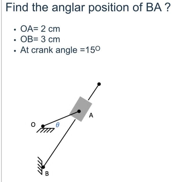 Find the anglar position of BA?
OA=2 cm
OB= 3 cm
At crank angle =150
B
A