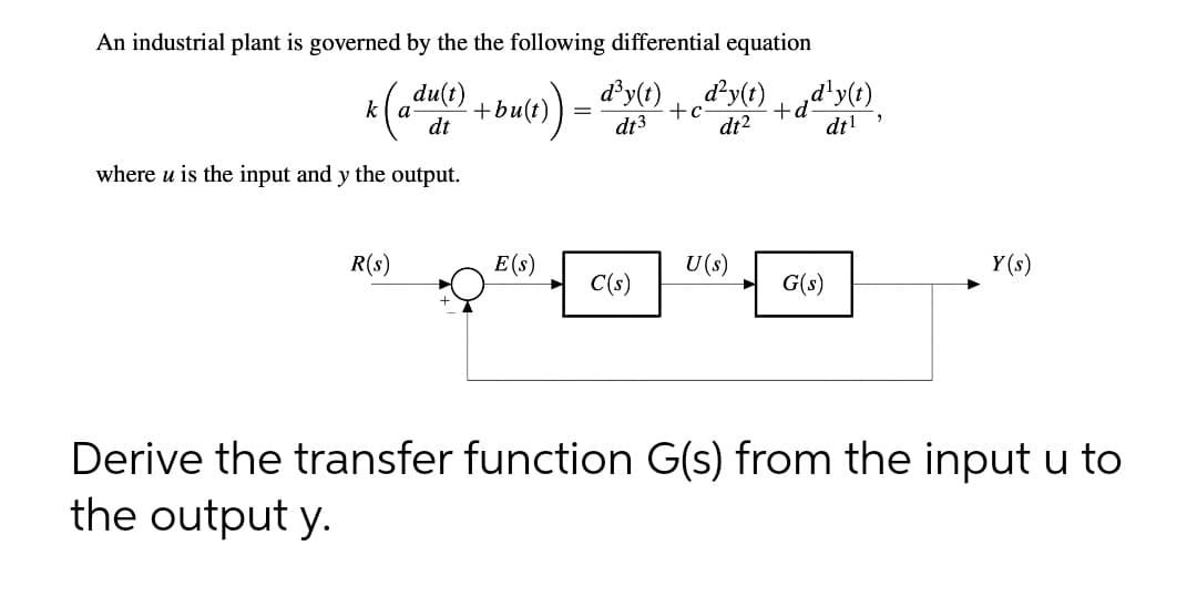 An industrial plant is governed by the the following differential equation
(adı
du(t)
dt
+bu(t)
1)).
d³y(t) _d²y(t)
dt3
+c
+dd¹y(t)
dt²
dt¹,
where u is the input and y the output.
R(s)
E(s)
U (s)
Y(s)
C(s)
G(s)
Derive the transfer function G(s) from the input u to
the output y.
k
=