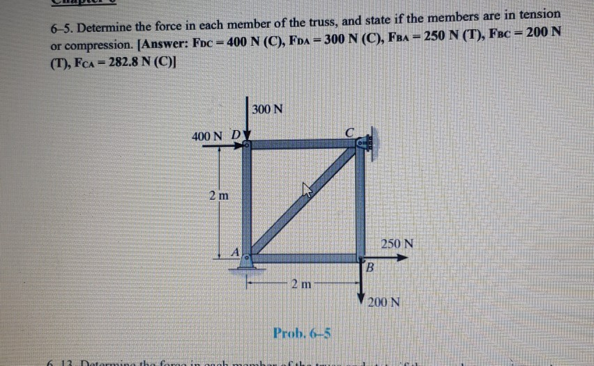 6-5. Determine the force in each member of the truss, and state if the members are in tension
or compression. [Answer: FDc 400 N (C), FDA = 300 N (C), FBA = 250 N (T), FBC = 200 N
(T), FCA = 282.8 N (C)]
%3D
%3D
300 N
400 N DY
2 m
250 N
A
B.
2 m
200 N
Prob. 6-5
6 13. Determine the forgo in oh naam
