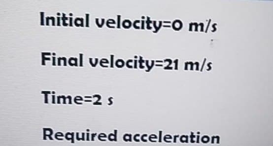 Initial velocity3D0 m/s
Final velocity=21 m/s
Time=2 s
Required acceleration

