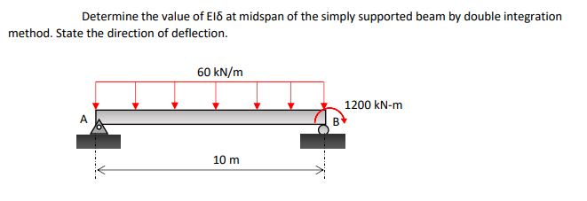 Determine the value of Eld at midspan of the simply supported beam by double integration
method. State the direction of deflection.
60 kN/m
1200 kN-m
A
10 m
