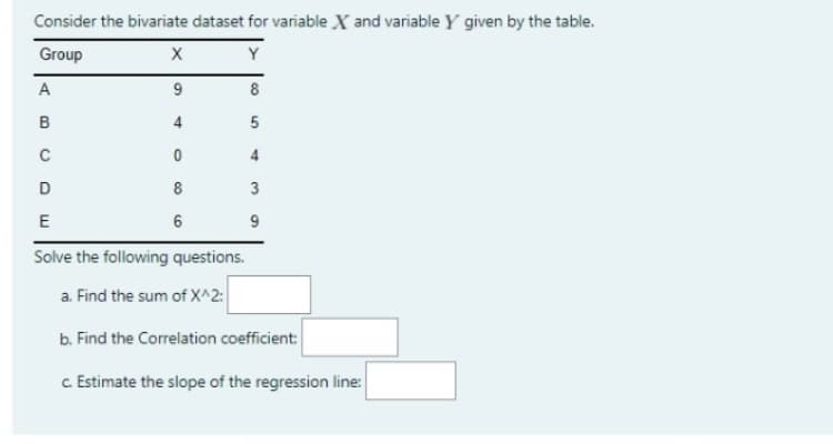 Consider the bivariate dataset for variable X and variable Y given by the table.
Group
Y
A
9
8
B
4
D
8
6
Solve the following questions.
a. Find the sum of X^2:
b. Find the Correlation coefficient:
c Estimate the slope of the regression line:
4.
3.
