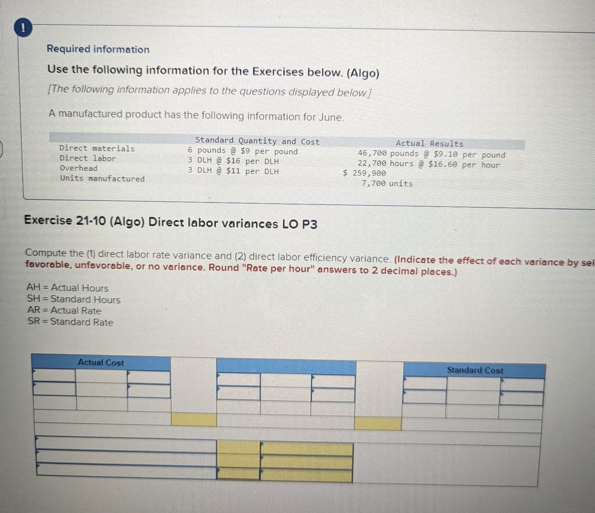 Required information
Use the following information for the Exercises below. (Algo)
[The following information applies to the questions displayed below.]
A manufactured product has the following information for June.
Standard Quantity and Cost
6 pounds @ $9 per pound
3 DLH @ $16 per DLH
3 DLH@ $11 per DLH
Direct materials
Direct labor
Overhead
Units manufactured
AH = Actual Hours
SH=Standard Hours
AR= Actual Rate
SR=Standard Rate
Actual Results
46,700 pounds @ $9.10 per pound
22,700 hours @ $16.60 per hour
$ 259,900
Exercise 21-10 (Algo) Direct labor variances LO P3
Compute the (1) direct labor rate variance and (2) direct labor efficiency variance. (Indicate the effect of each variance by sel-
favorable, unfavorable, or no variance. Round "Rate per hour" answers to 2 decimal places.)
Actual Cost
7,700 units
Standard Cost