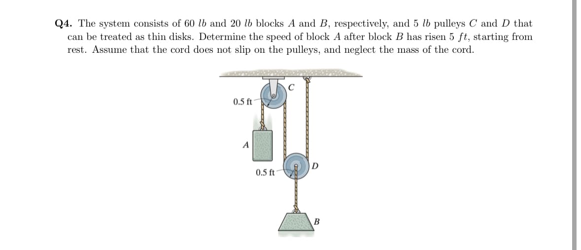 Q4. The system consists of 60 lb and 20 lb blocks A and B, respectively, and 5 lb pulleys C and D that
can be treated as thin disks. Determine the speed of block A after block B has risen 5 ft, starting from
rest. Assume that the cord does not slip on the pulleys, and neglect the mass of the cord.
0.5 ft
A
0.5 ft
D
B