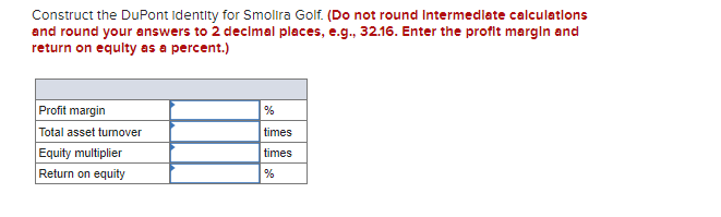 Construct the DuPont Identity for Smolira Golf. (Do not round Intermedlate calculations
and round your answers to 2 decimal places, e.g., 32.16. Enter the profit margln and
return on equlty as a percent.)
Profit margin
%
Total asset tumover
Equity multiplier
Return on equity
times
times
%
