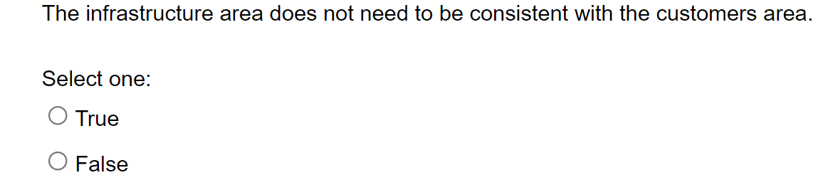 The infrastructure area does not need to be consistent with the customers area.
Select one:
True
O False